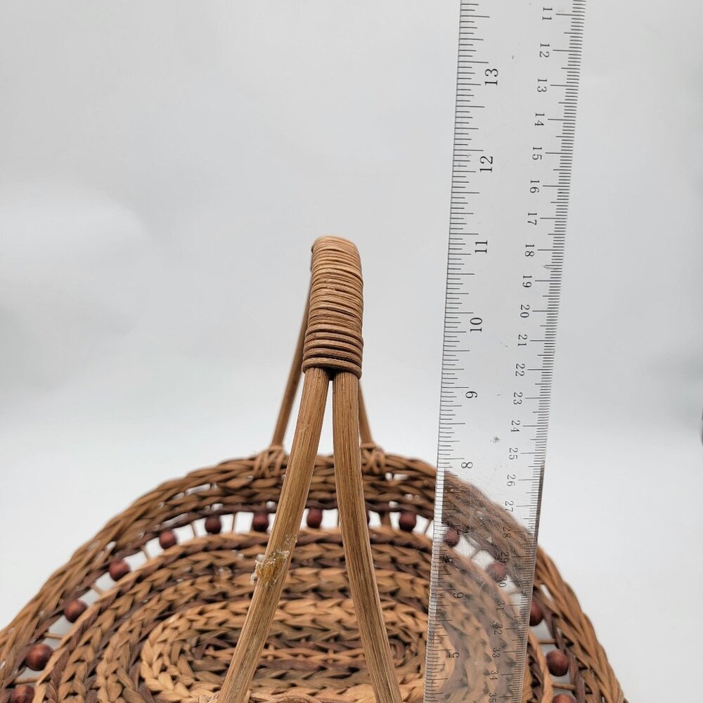 Vintage Wicker & Bead Decorative Basket With Handle - Picture 7 of 8